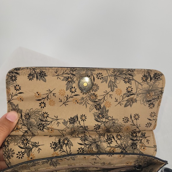 Black Faux Leather Ring Handle Crossbody Bag Floral Lining Triple Compartment - Picture 6 of 7